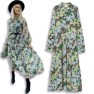 NWT H&M Collared Long Sleeve Prairie Green Blue Midi Dress Women’s Medium